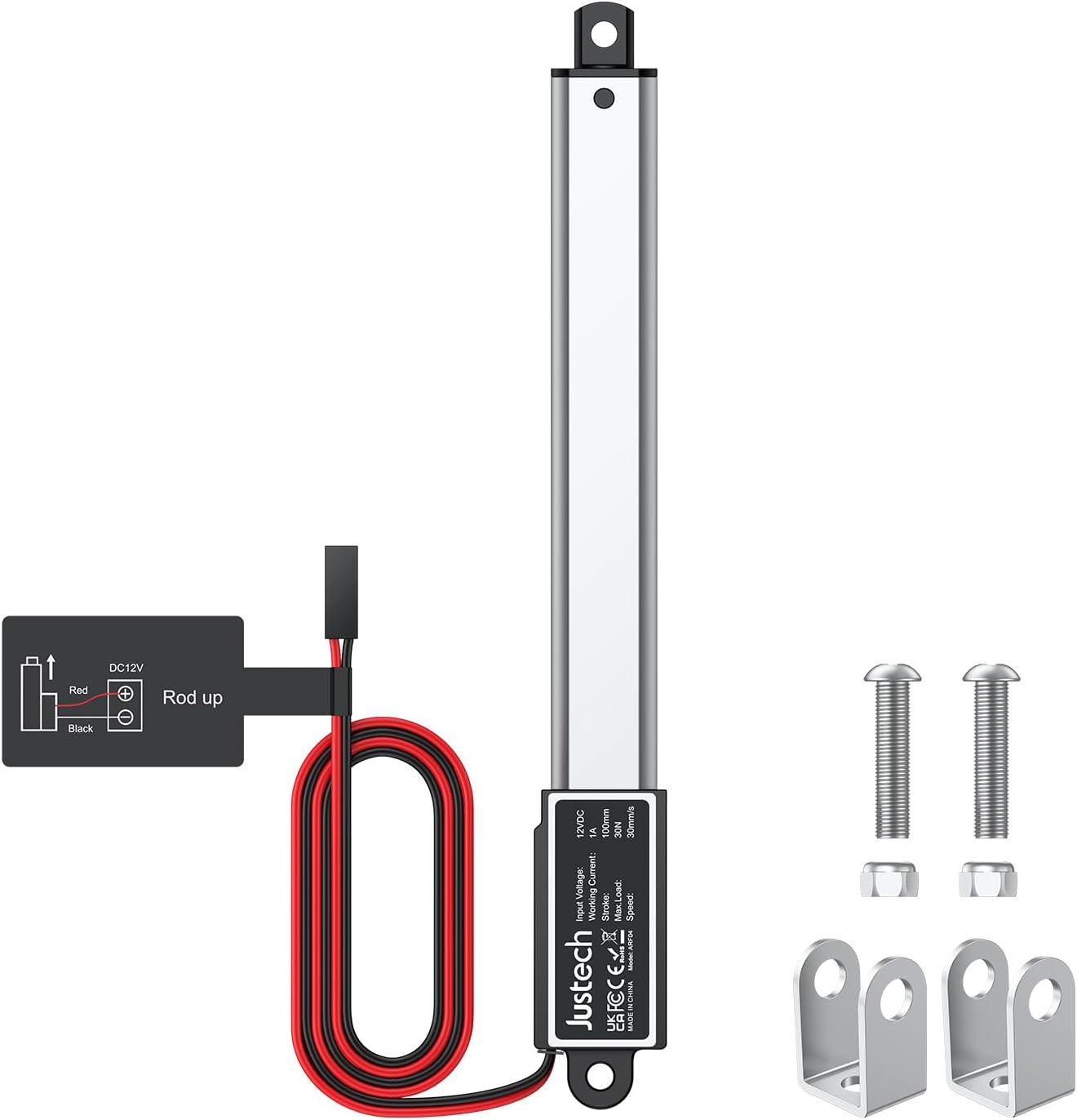 Justech 12V Mini Electric Linear Actuator, 6.7LBS/30N-4 inch/100mm Micro Linear Motion Actuator with IP54 Waterproof & with Mounting Brackets for Door Window Bed RV Solar Tracker