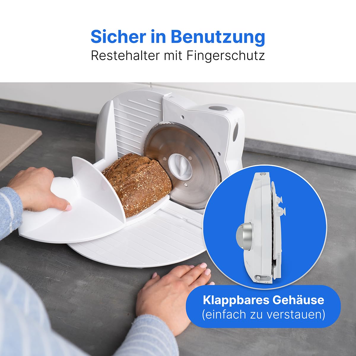 Clatronic® Allesschneider | 3 Stufen | Brotschneidemaschine mit Edelstahl Spezialmesser | stufenlos einstellbare Schnittstärke | 180 Watt | Fingerschutz | für Obst, Brot, Käse uvm. | AS 2958 weiß