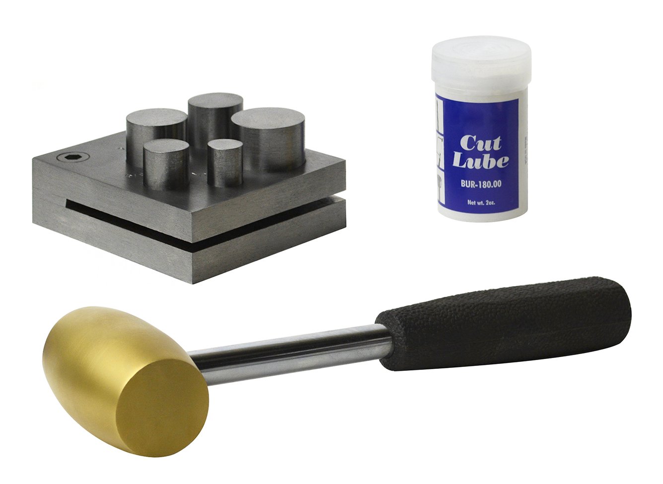 5 Piece Metal Disc Cutting Kit with Brass Hammer and Cut Lube for Punching Rounds
