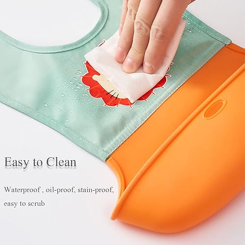 Miniatura 4 de Lindos baberos de silicona para bebés y niños pequeños (10 a 72 meses), ajustables e impermeables con bolsillo frontal grande, paquete de 4