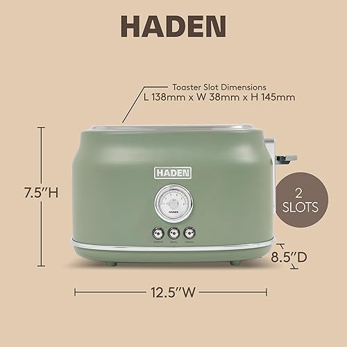 Miniatura 4 de Haden Dorset - Tostadora de acero inoxidable de 2 rebanadas de ranura ancha con control de tostado ajustable y pies antideslizantes, color verde