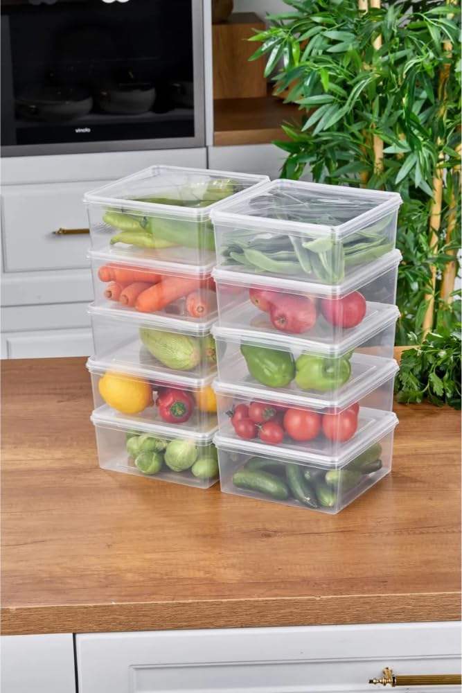 Arel - 10'lu Set Saklama Kabı, 10 Adet 2500ml Kare Şeffaf Kendinden Kapaklı Saklama Kabı, BPA İçermez, Buzdolabı, Dondurucu ve Dolap Organizeri