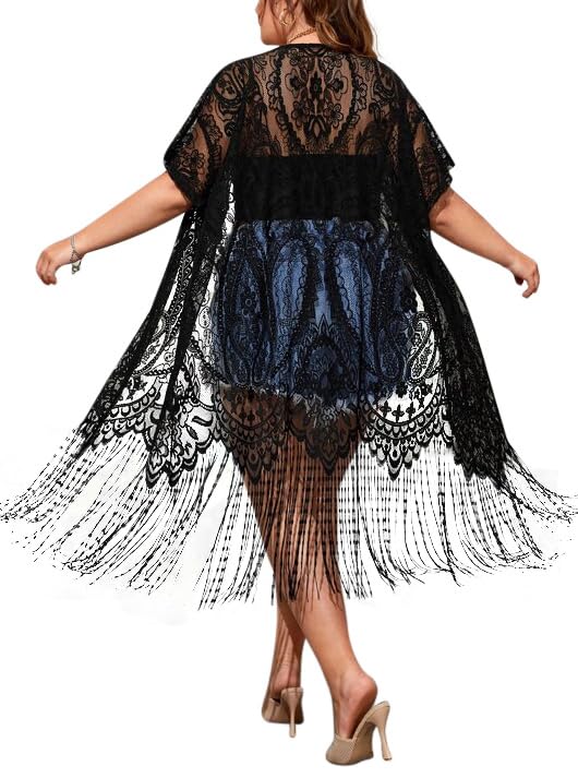 646 Sheer Lace Long Sleeve Open Front Long Body Asymmetric