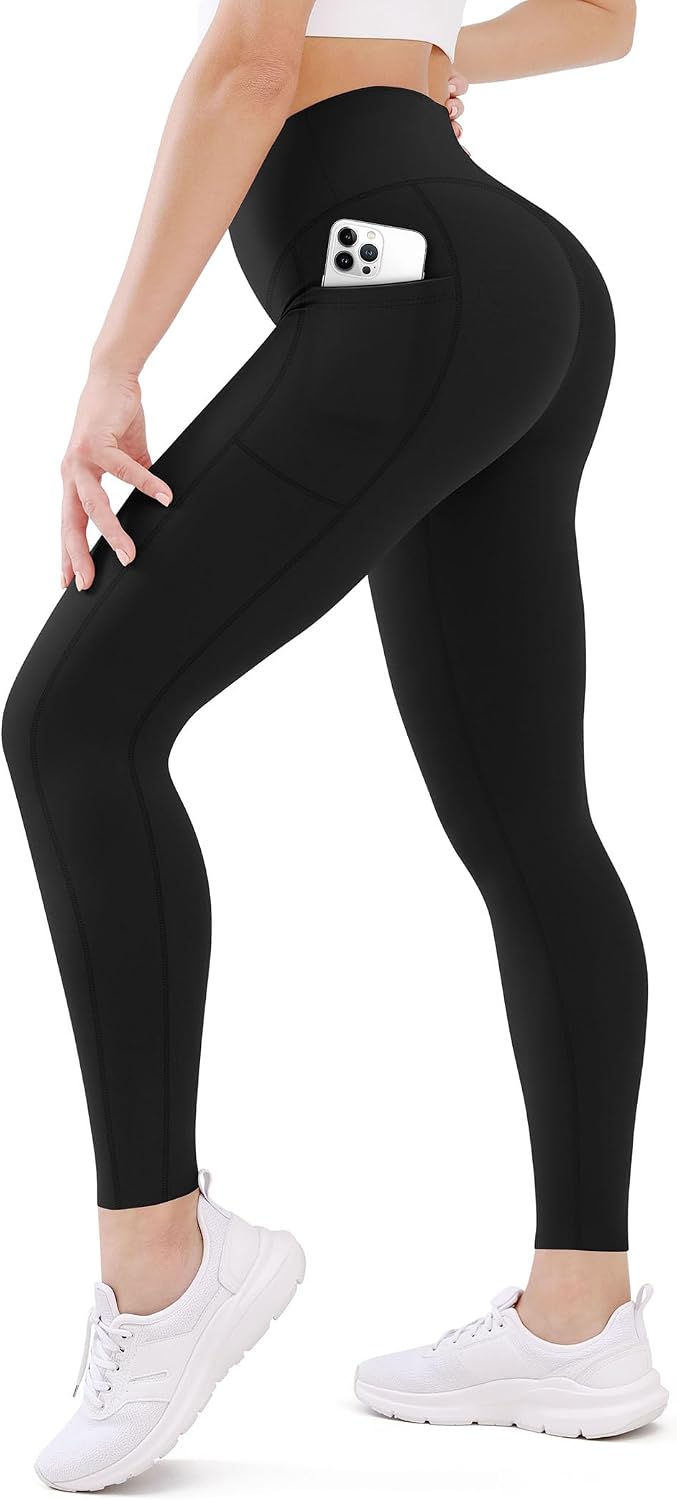 FEYHAY Single Pocket Leggings for Women - High Waisted Tummy Control Yoga Pants with Side Phone Pocket