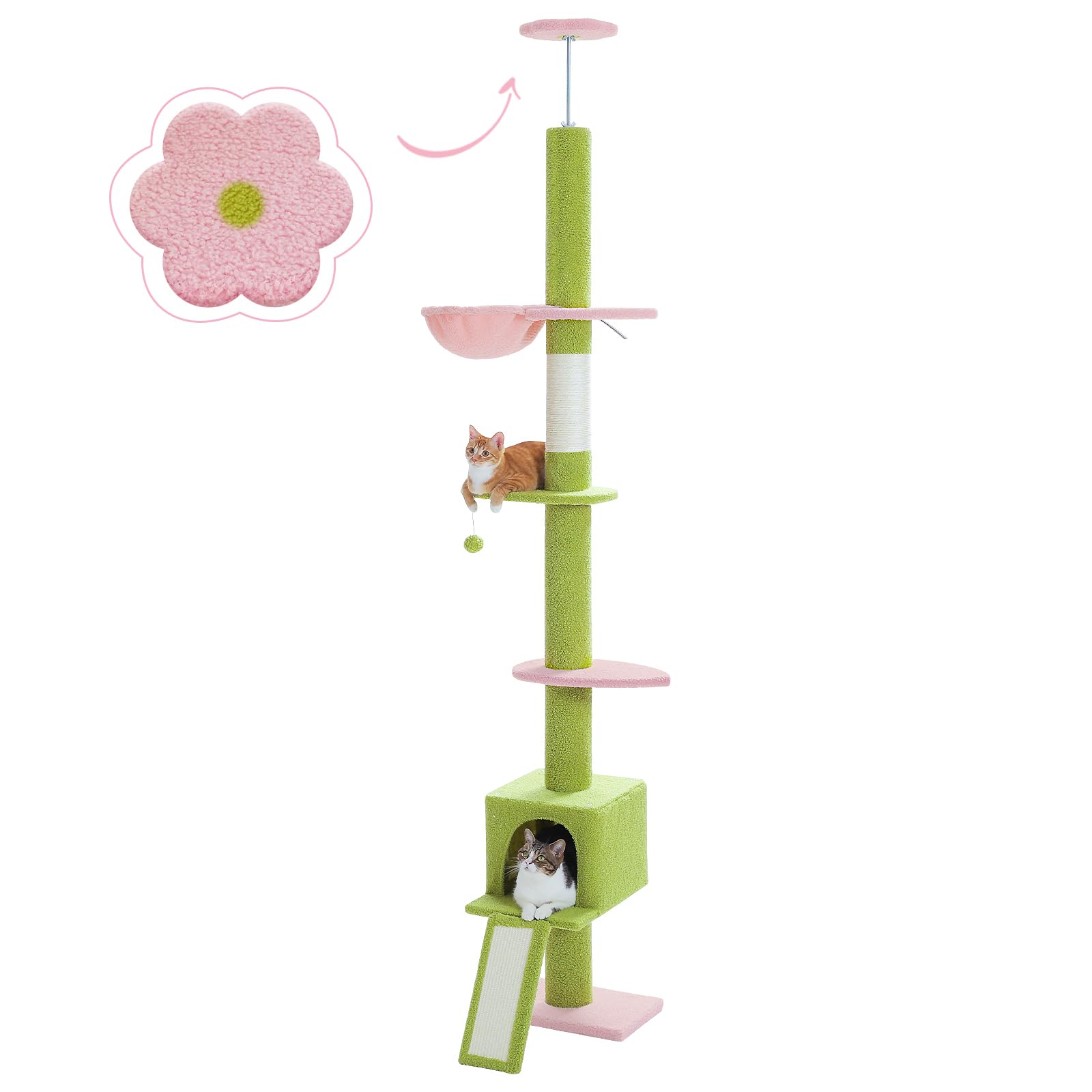 PEQULTI Cat Tree Floor to Ceiling,Cactus Tall Cat Tower, Adjustable Height (83''-108'') 5 Tiers Climbing Tree for Indoor Cats with Cat Condo, Scratching Post and Ladder, Green: 83‘’-108‘’ Pink