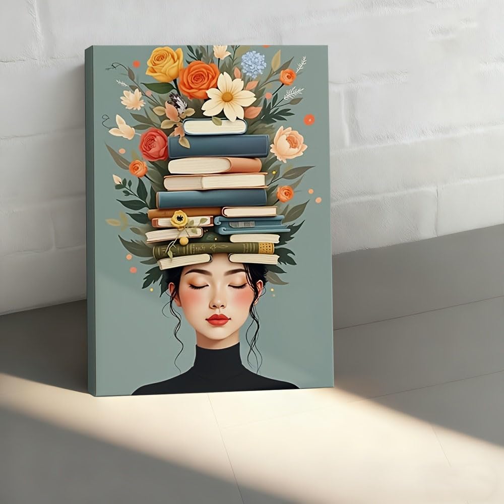 GKRXNZC Featuring a Woman Adorned with Books And Flowers on Her Head Canvas Artwork, for Decor Living Room, Bedroom, Studie, Office(35x45cm/14x22in(WxH)/No frame)