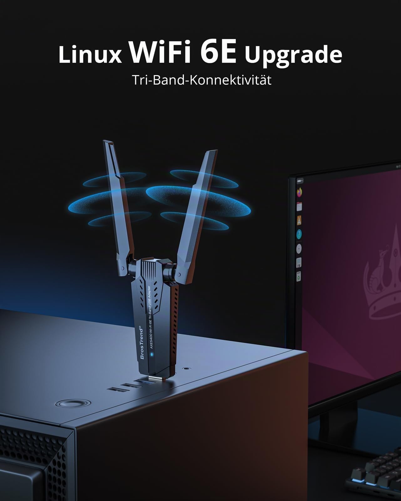 BrosTrend AXE5400 WiFi 6E USB WLAN Stick für Linux Große Reichweite, OFDMA