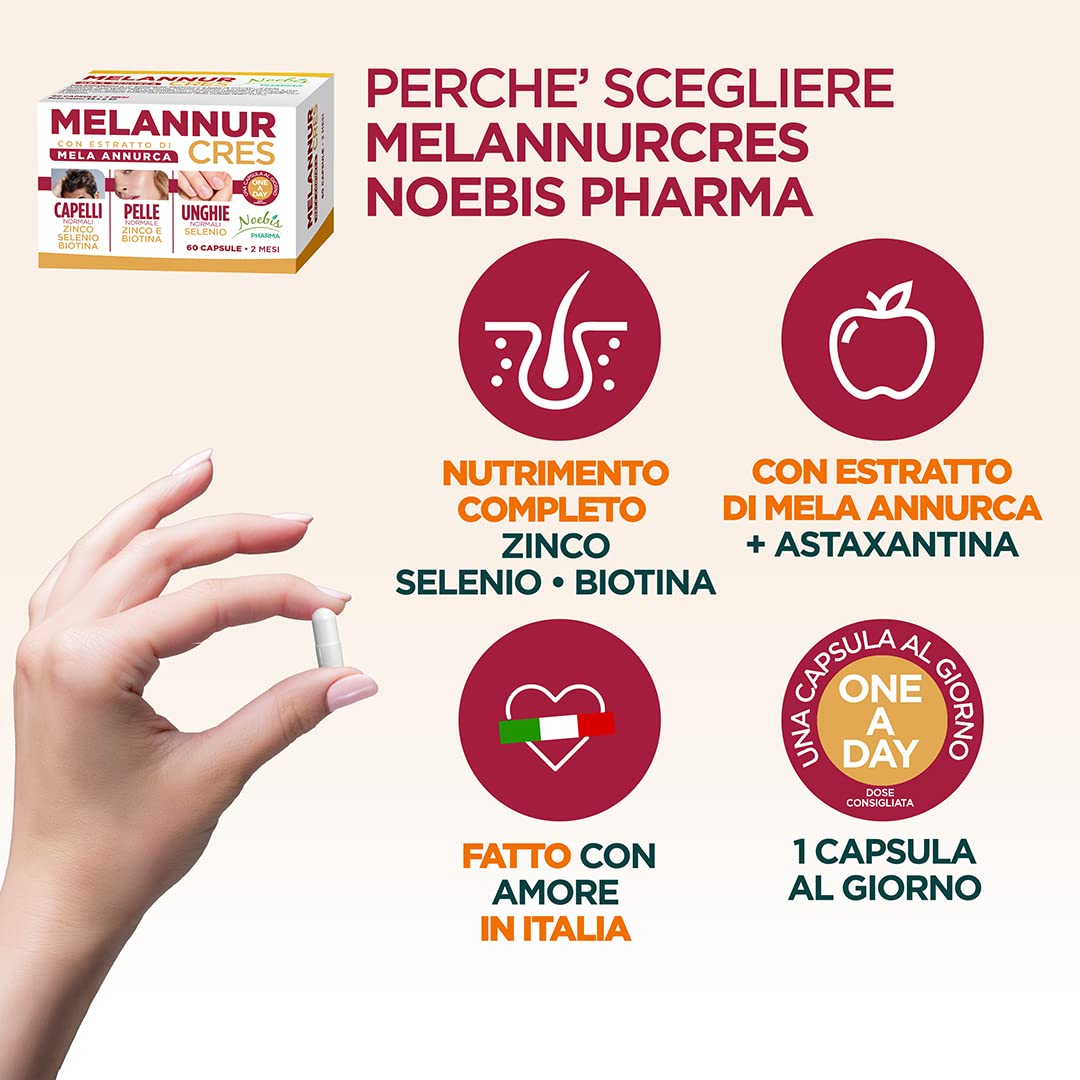 MelannurCres – Elisir per i Capelli – 60 Capsule – con Estratto di Mela Annurca Zinco Rame Selenio Biotina Astaxantina