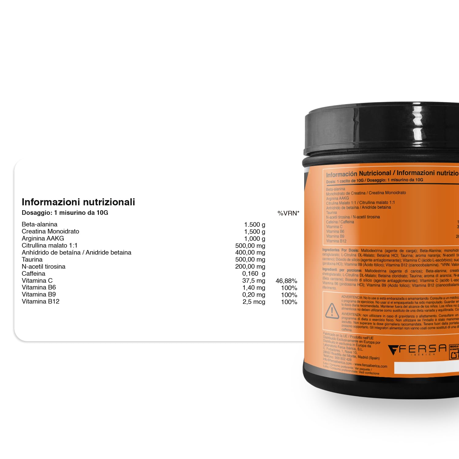 Pre-Workout bevanda energetica | con Creatina | Resistenza, energia e forza inarrestabile | Elimina la fatica e la stanchezza | Beta-Alanina, Taurina, Caffeina e Vitamine | 300g Arancia