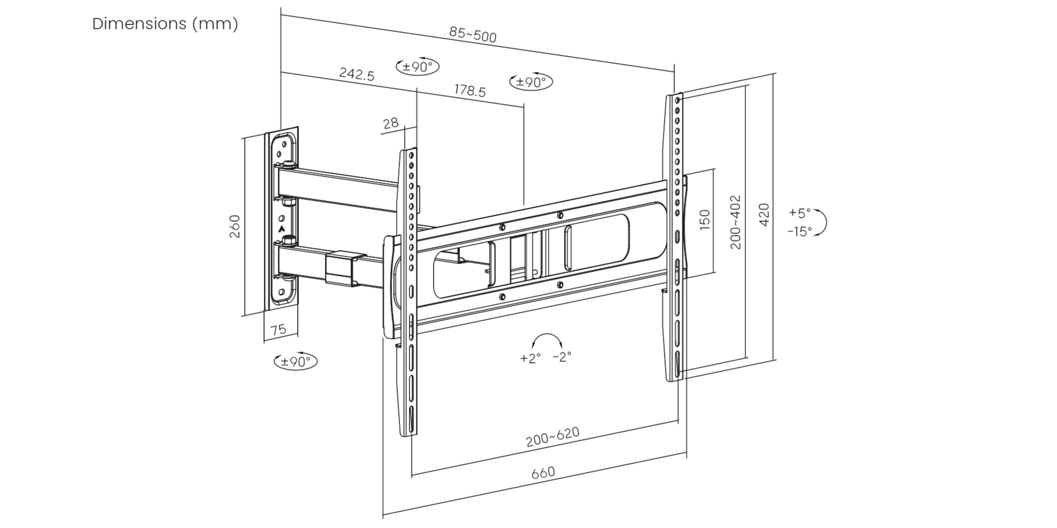 My Wall - Supporto da parete orientabile per TV fino a 86" H28-2L, per TV da 37-86" (94-218 cm), fino a 50 kg, inclinabile e girevole, distanza dalla parete variabile 8,5-50 cm, VESA da 200 x 200 a