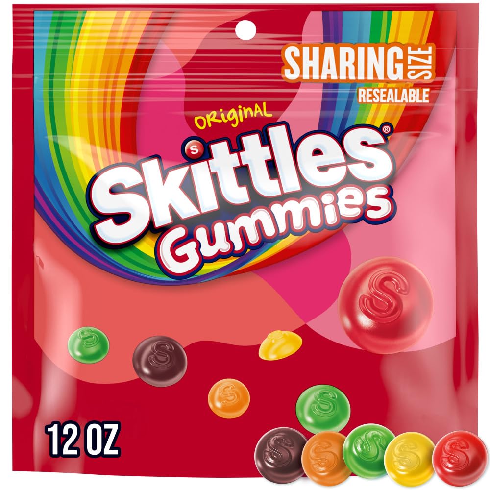 SKITTLES GUMMIES Original Gummy Candy Sharing Size, Rainbow Coloful On the Go Snack Movie Night Treat, 12 oz Resealable Candy Bag