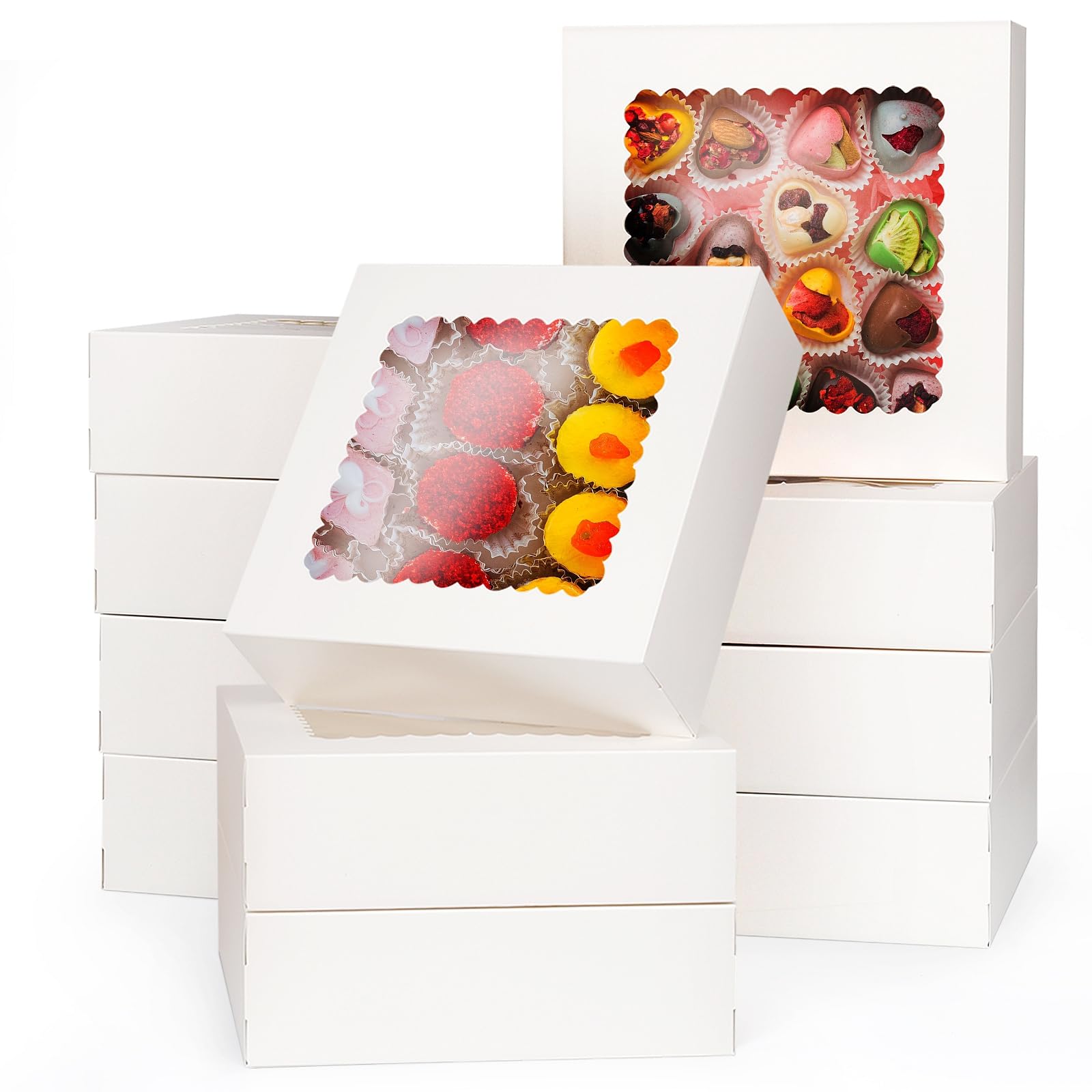 24 Cajas para Tartas Blancas con Ventana, 20,4 x 20,4 x 6,4 cm Cajas Para Cupcakes, Cartón Alimentario, Caja de Pastelería para Galletas, Magdalenas, Postres, Navidad, Cumpleaños, Bodas