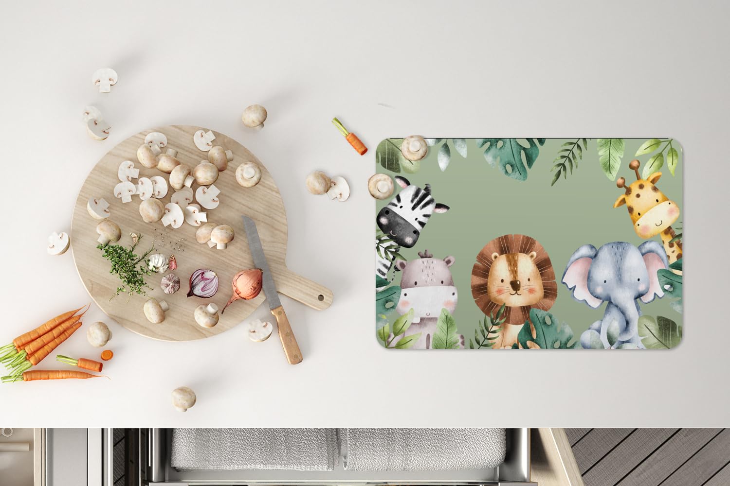 KitchenYeah© Set Tovagliette Americane Lavabili 6 Pezzi 45x30 cm Tovaglietta Plastica Rettangolare Antiscivolo per Cucina o Sala da Pranzo Animali - Acquerello - Bambino - Natura