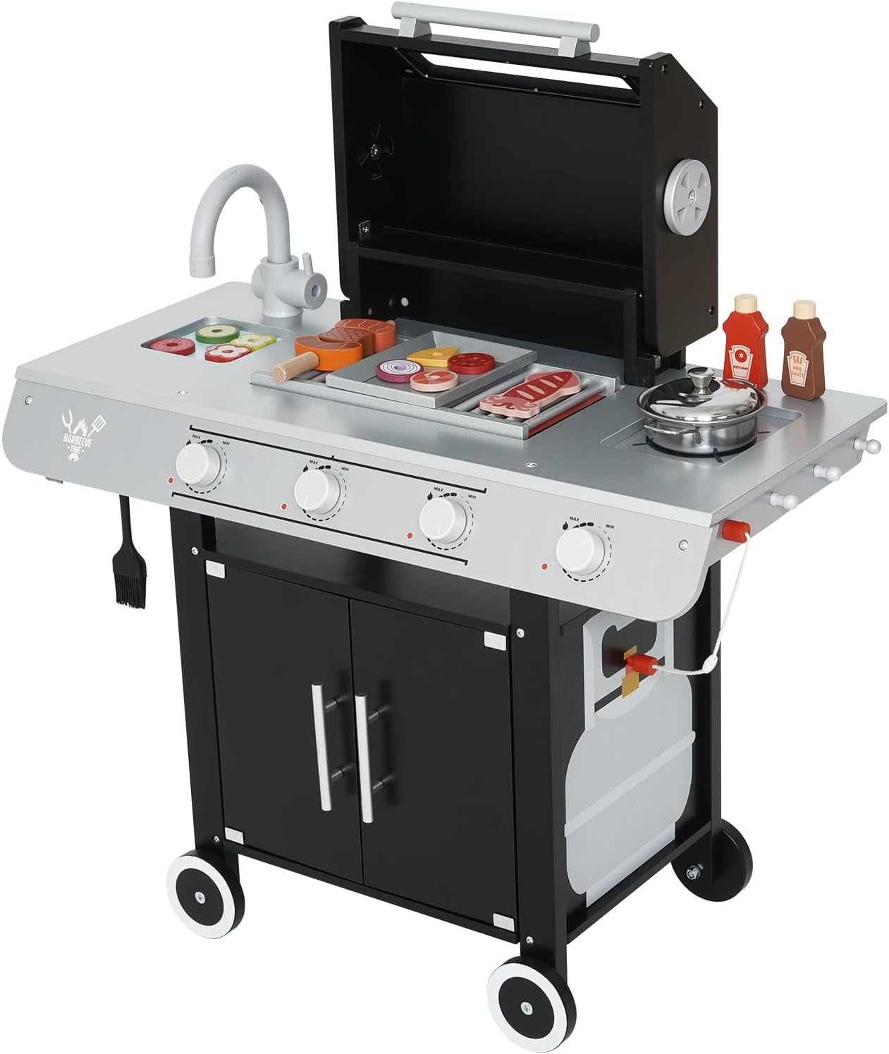 EDUBEBO Realistic Kids Wooden BBQ Grill Playset - Toddler Play Grill Station for Indoor & Outdoor, Pretend Play Toy Grill for Kids Ages 3-8, Wooden Kitchen Cooking Toy with Toy Food & Grilling Tools