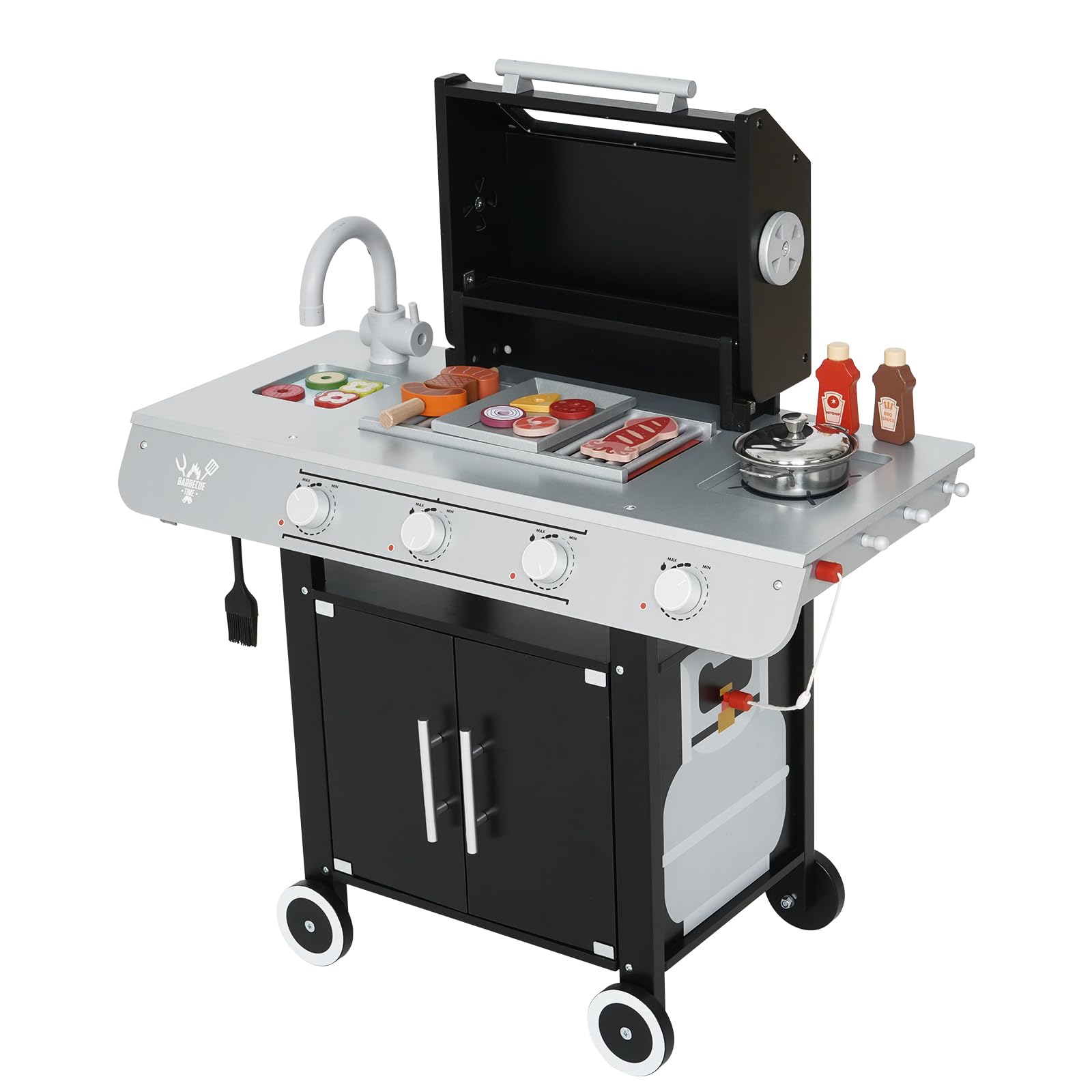 EDUBEBO Drewniany grill do zabawy, zestaw do grillowania dla dzieci z zabawkami w postaci jedzenia i narzędziami do grillowania – certyfikat FSC, akcesoria do zabawy w kuchnię dla małych dzieci w wiek