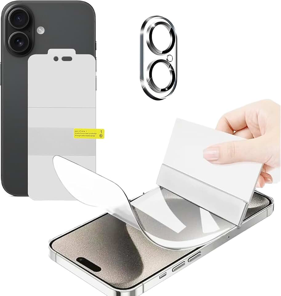 Película protetora de hidrogel de alta sensibilidade para iPhone 17, 1 pacote de protetores de tela de TPU macio transparente com 1 pacote de protetor de lente de câmera de vidro temperado, [cobertura