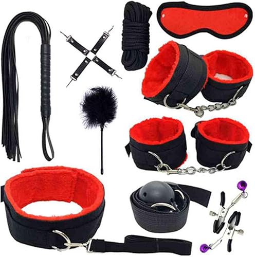 Juego de 10 piezas de sujeción para cama para adultos, correas sexuales rojas para parejas, pulseras ajustables para muñecas, tobilleras, pulseras