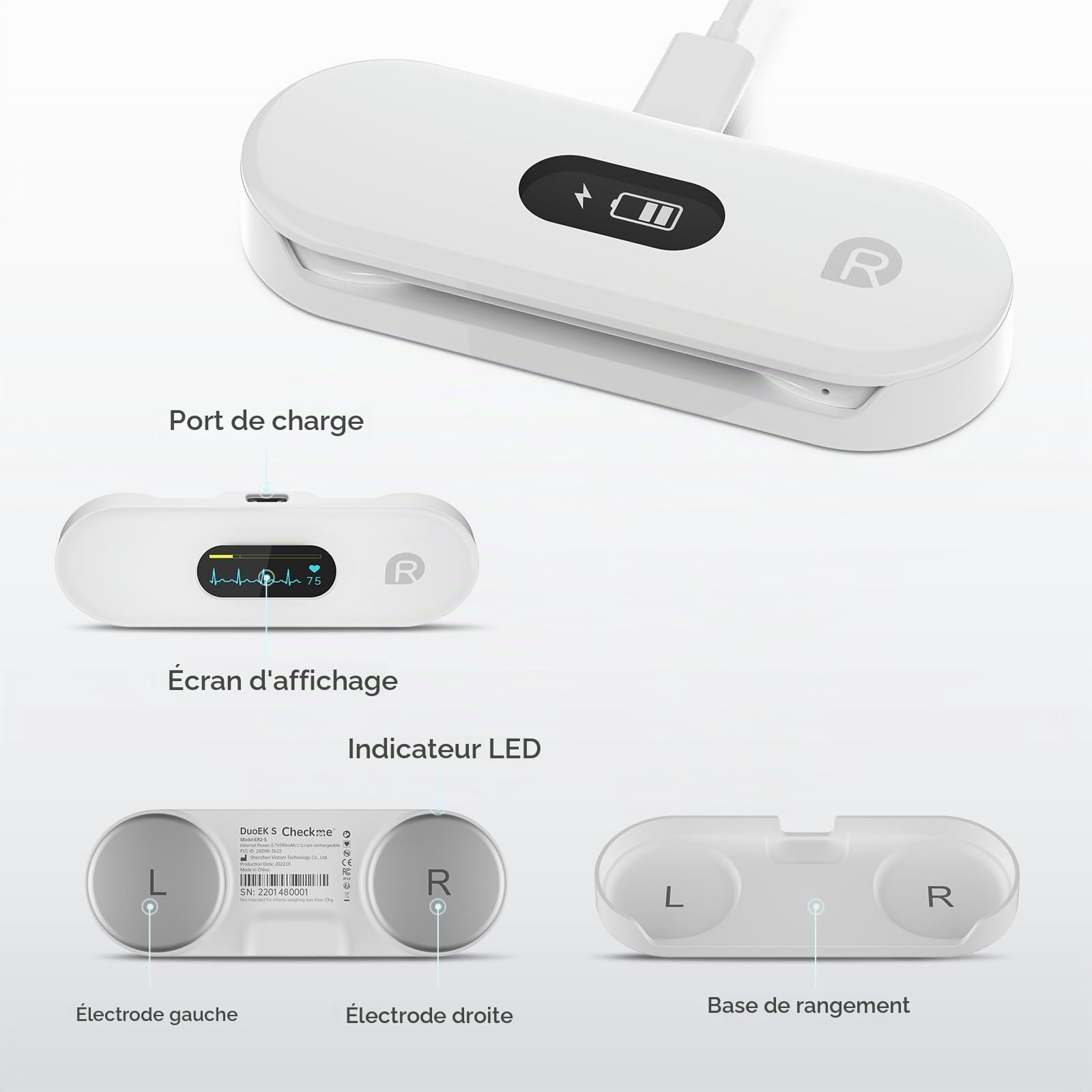 CheckMe ER2-S ECG pour la maison Appareil ECG portable avec ceinture thoracique précise (30 sec. à 15 min. d’enregistrement), visualisation en temps réel via l’application, espace de stockage illimité