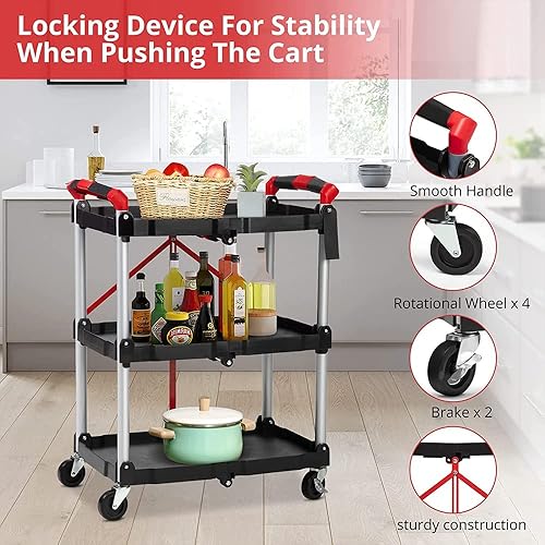 Miniatura 5 de Carrito plegable con ruedas, carrito utilitario portátil de 3 niveles con ruedas universales, adecuado para oficina, almacén, restaurante, hogar,