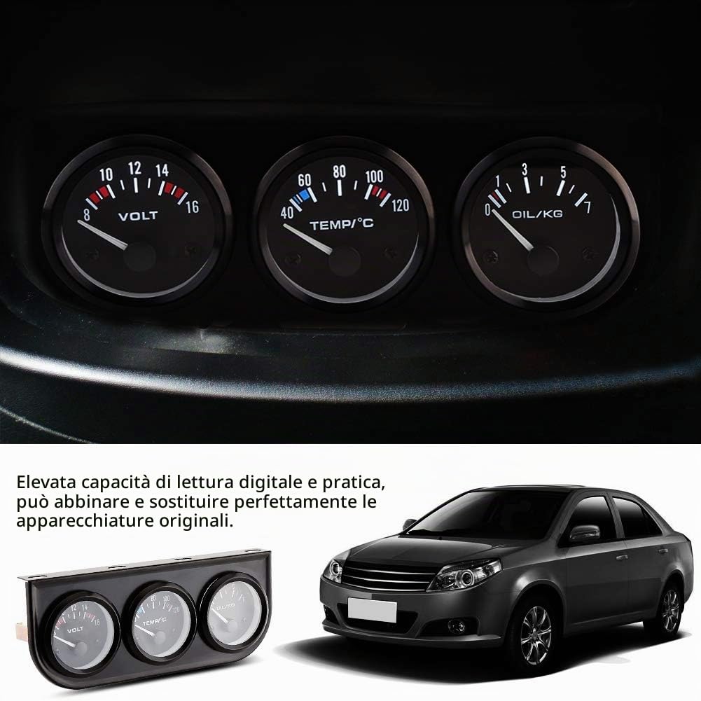 Manometro olio/volt/acqua con acciaio inossidabile, voltmetro 3 in 1 + manometro temperatura acqua + manometro pressione olio con sensore manometri tripli 52mm con console nera adatta per camion auto