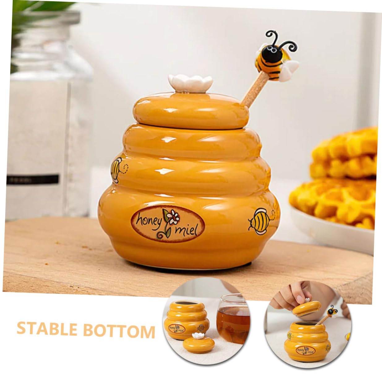 Hohopeti Tarro Dispensador Compacto Seguro Naranja de Miel de Cerámica de 140ml con Tapa y Cucharón para Almacenamiento en Cocina