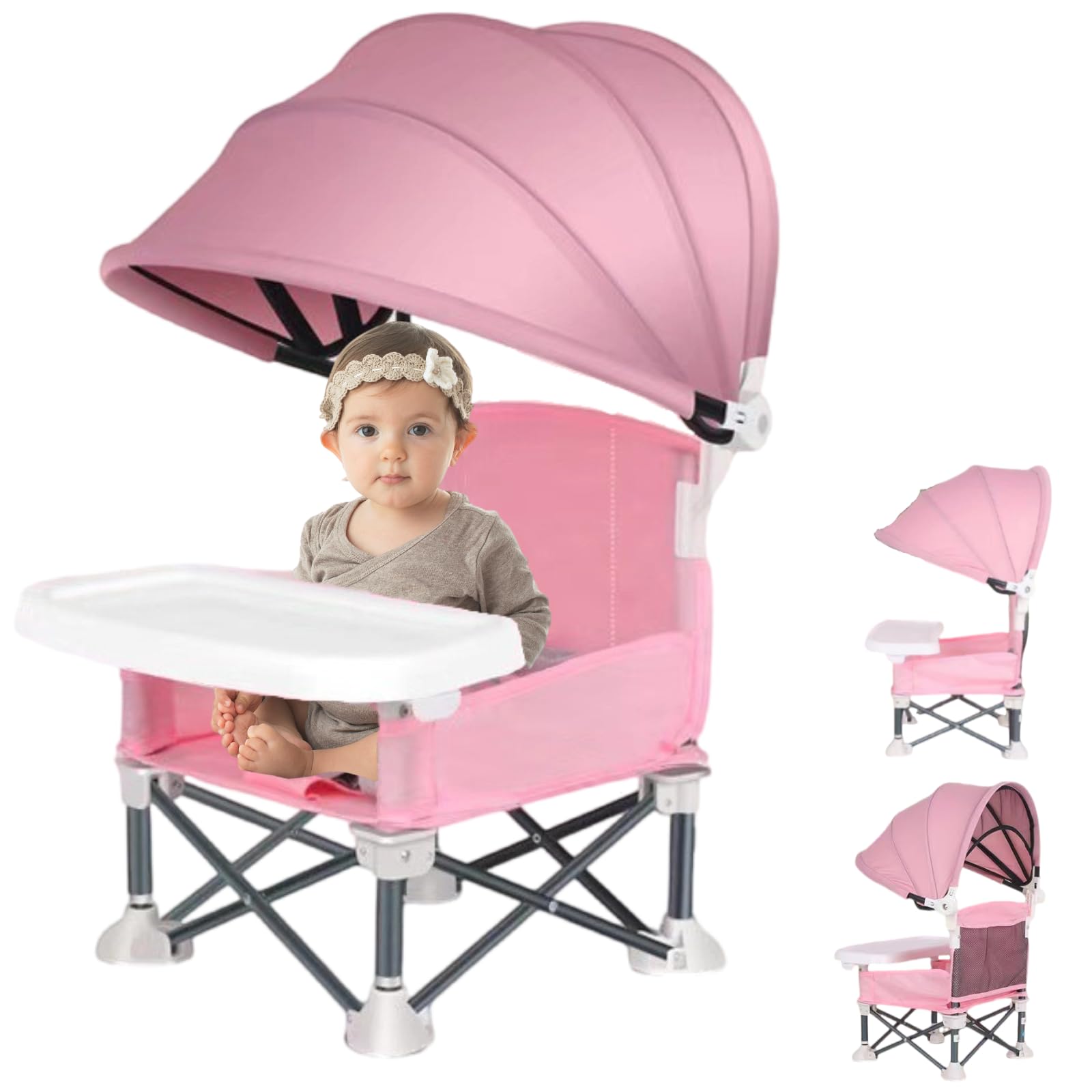 Little Bean Seggiolone pieghevole per bambini, da viaggio, portatile, con vassoio rimovibile, per interni ed esterni, sedia da campeggio, per bambini (rosa)