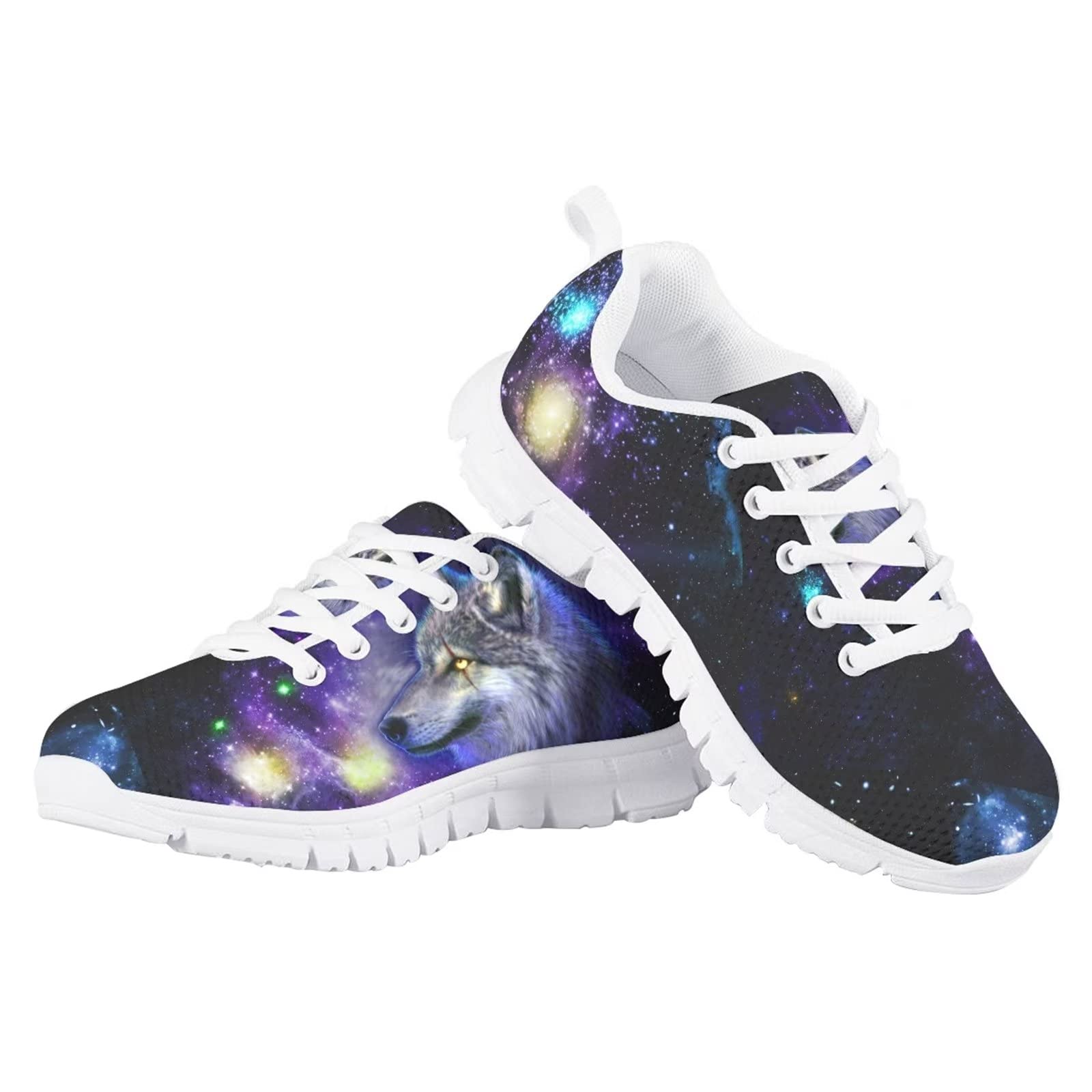 Zapatillas de deporte para niñas Comfort Mesh Transpirable con cordones Zapatos de suela blanca, Lobo de noche estrellada galaxia, 33 EU