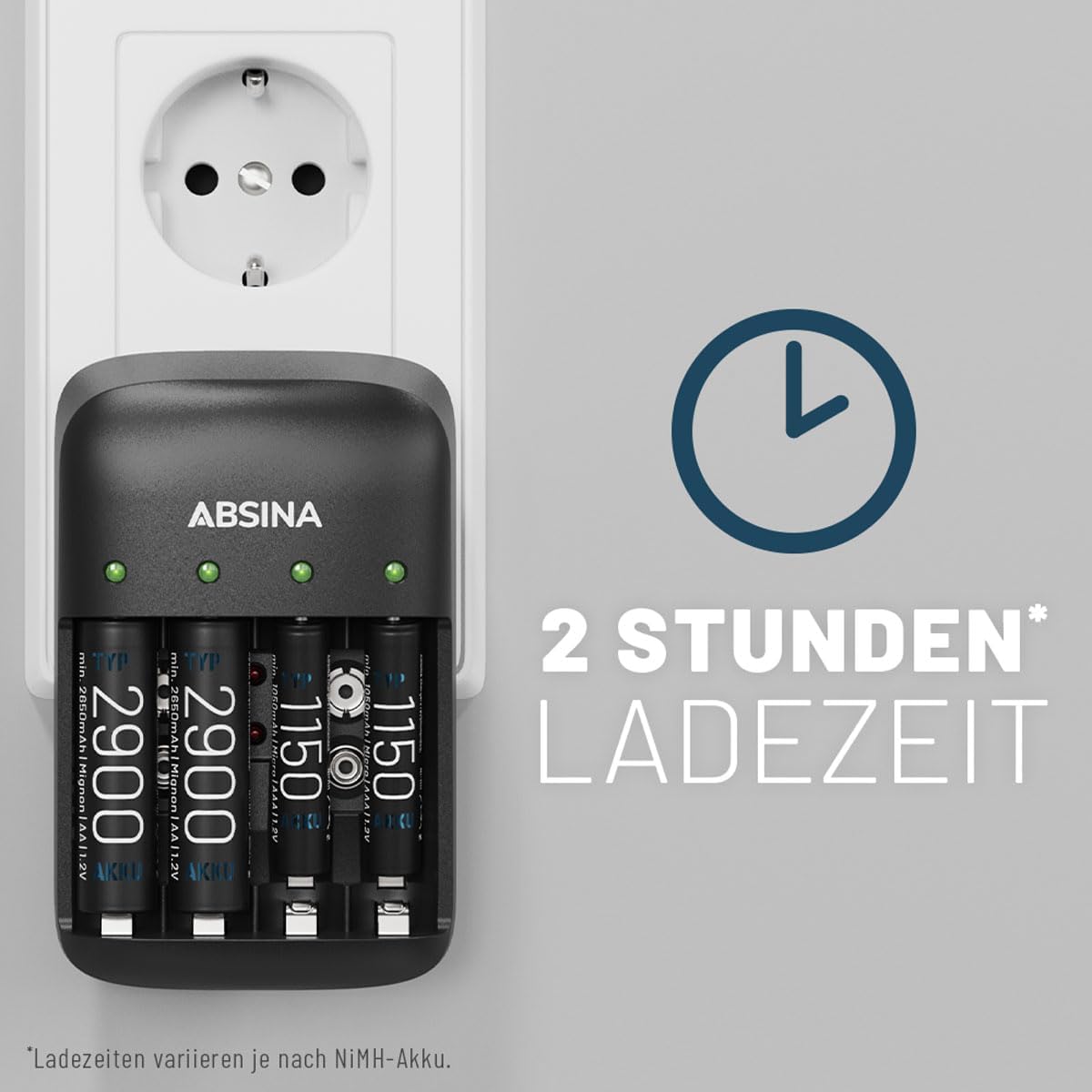 ABSINA Ładowarka do akumulatorów AA AAA i 9 V blok wraz z 4 bateriami AA 2900 - ładowarka NiMH 4-drożna do akumulatorów wielokrotnego ładowania - ładowarka do akumulatorów z bateriami - akumulatory z