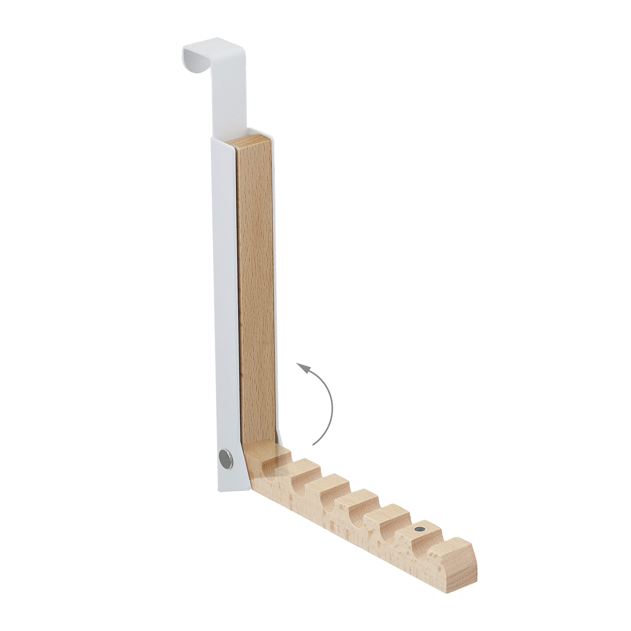 Relaxdays Gancho Plegable para Puerta, Colgante, Colgador para 6 Perchas, Metal y Madera, Renvalso hasta 2 cm, Blanco