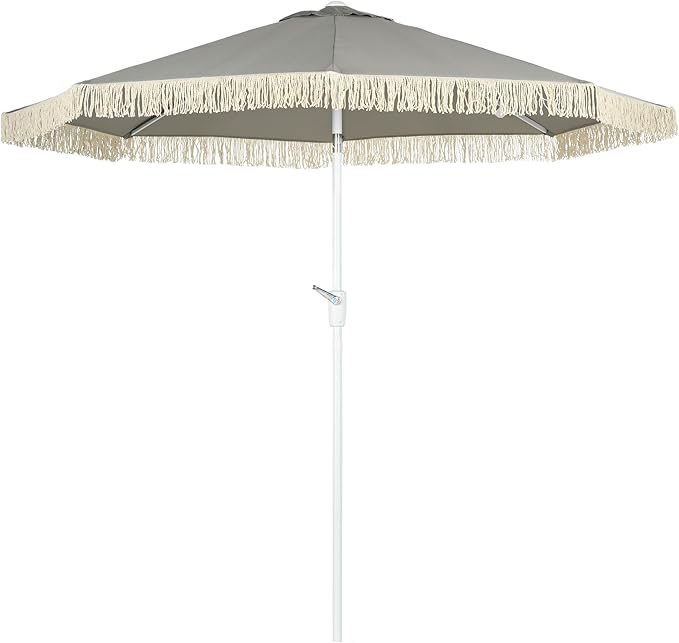 Outsunny 8.7 x 8.7 ft Patio Umbrella with Tilt, Vent, Outdoor Market Table Umbrella Parasol with Fringed Ruffles and Crank, Light Grey