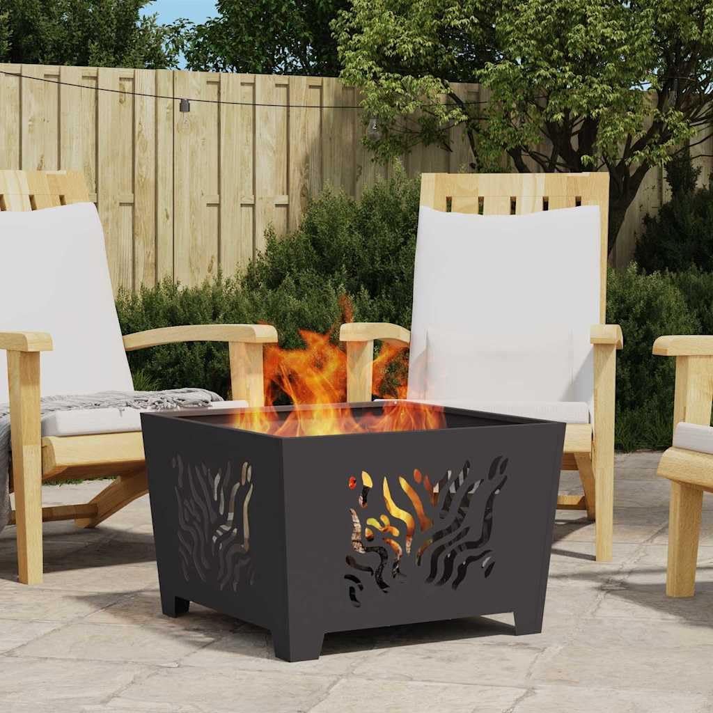 Quadratische Feuerstelle Schwarz aus Stahl 60 x 60 x 40 cm, 7,15 kg, tragbarer Outdoor Kamin Ofen für Terrasse Balkon, mit Brennraum und Flammschutz und 600 C