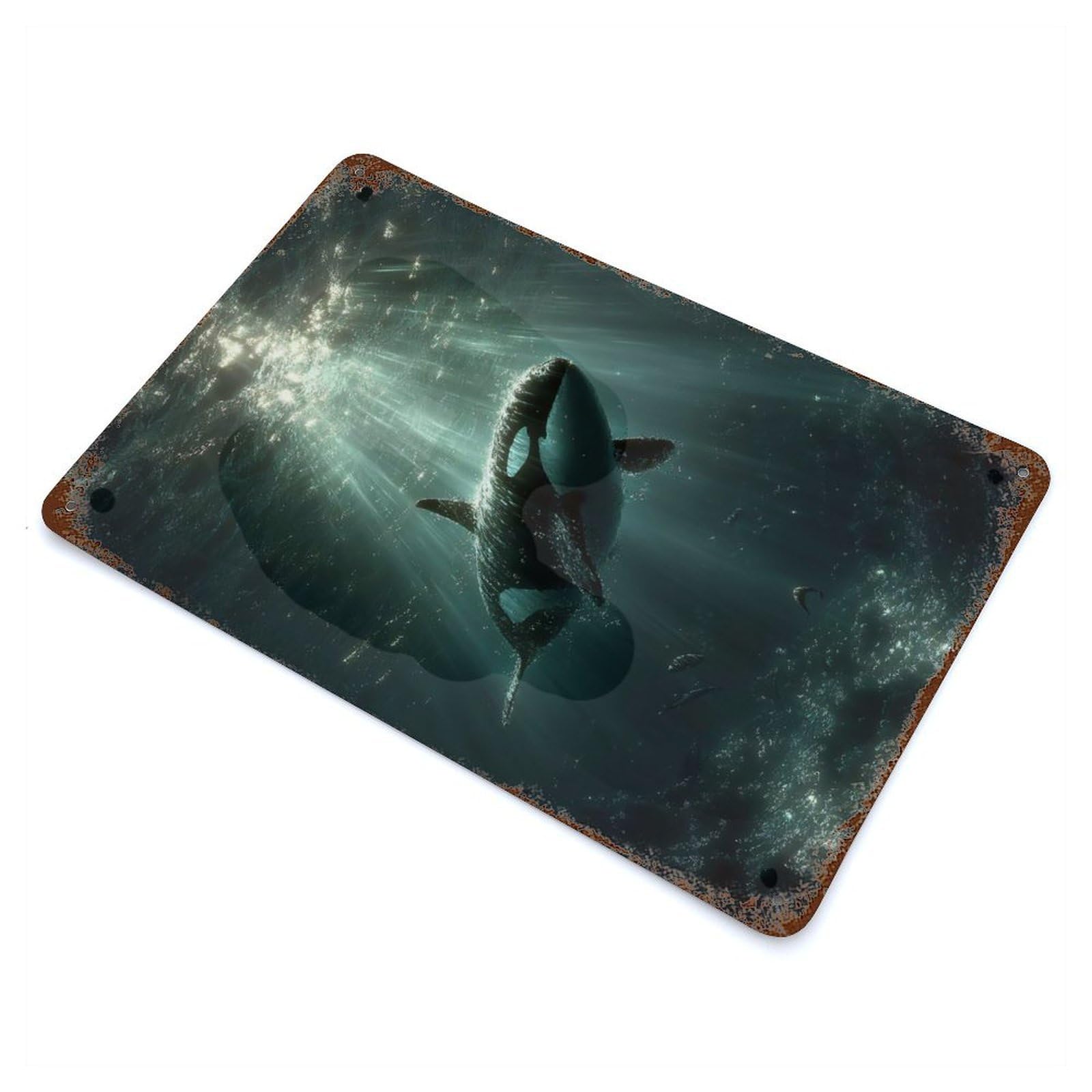 Rust Effect Tin Sign with Orca Whale Swimming Underwater with Sunbeams Design 11.8"x7.9", for Pub, Kitchen And Man Cave Decor, Industrial Home Decor