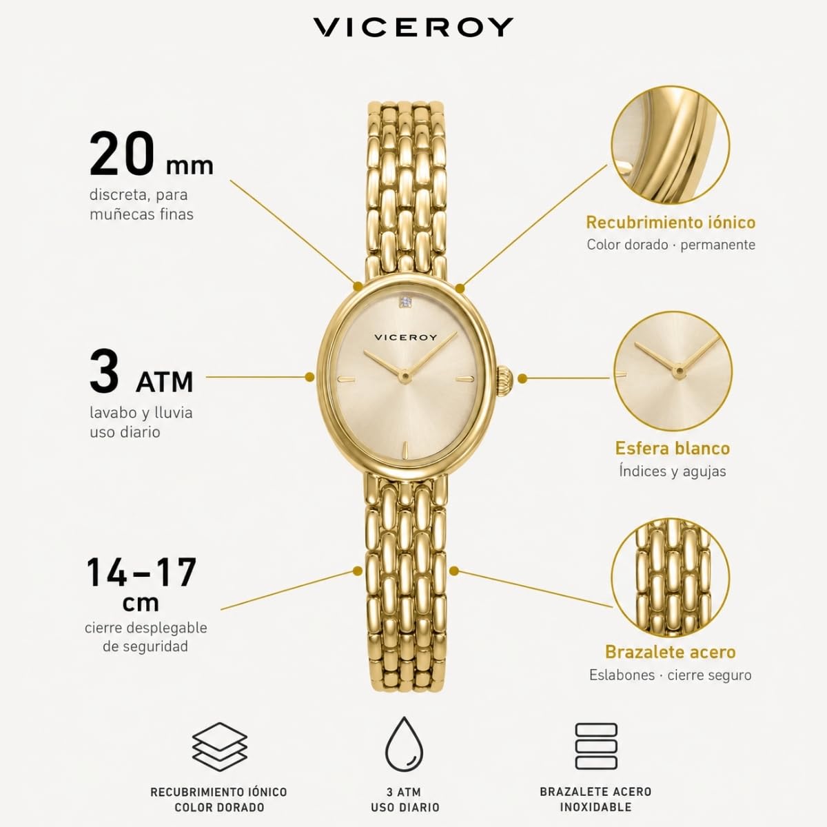 Viceroy Reloj Mujer Analógico de Acero Inoxidable - 20 mm - Movimiento de Cuarzo - 41166