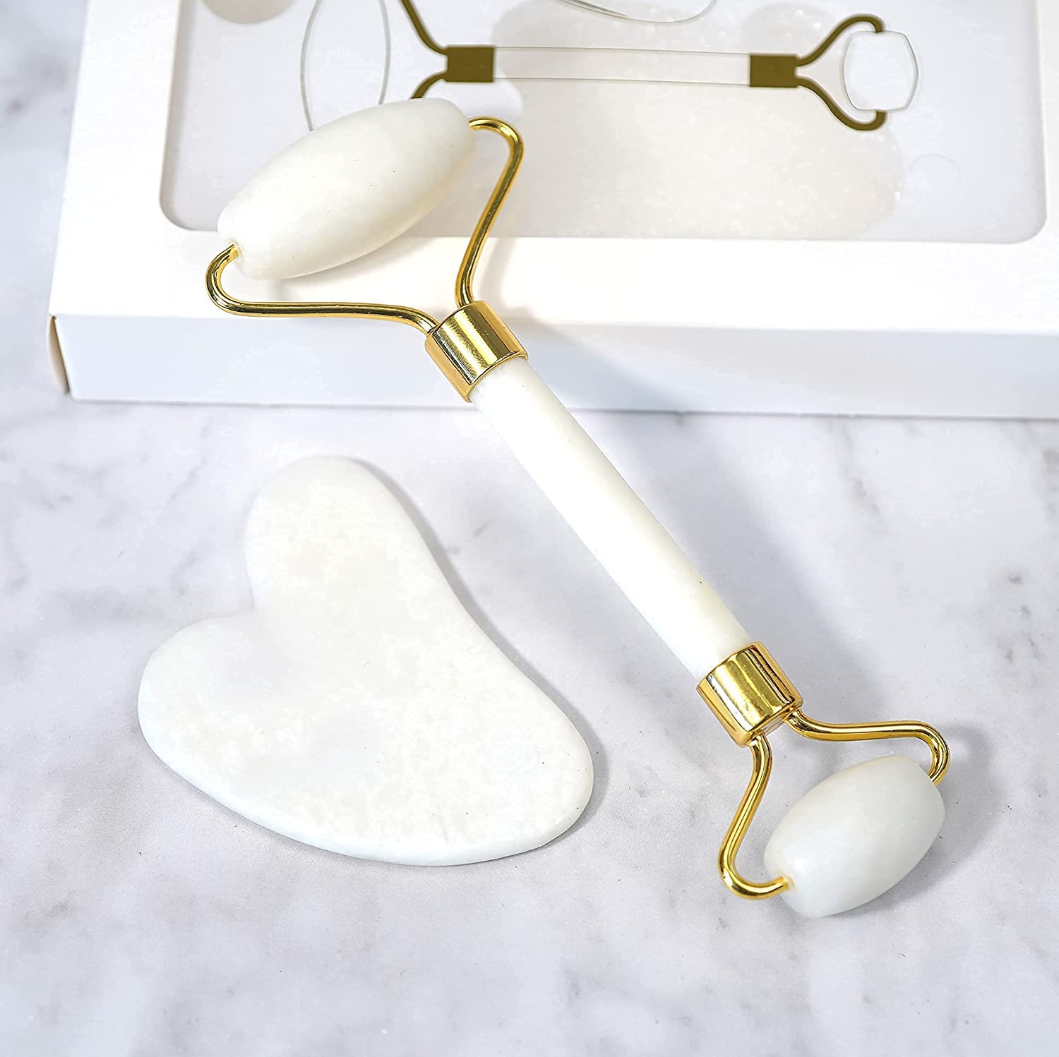 Gua Sha Set & Jade Roller for Face, Eye & Neck Skin Care, Jade Stone Face Roller Gua Sha Massage Tool, Eye Roller for Puffy Eyes, Facial Self Care Kit for Women (White)