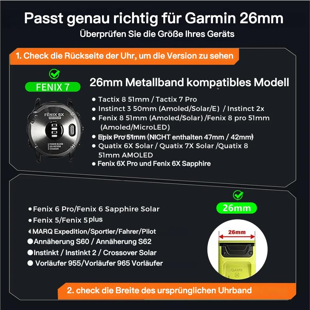 22mm 26mm Titan Metallarmband für Garmin/Fenix/Instinct/Forerunner | QuickFit,40% Leichter als Edelstahl,Hypoallergen,Handgelenkumfänge von 15,5 cm bis 22,6 cm,für Laufen und Outdoor-Sportarten