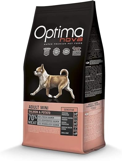 Optima Nova – Pienso para perros adultos mini Optima Nova Grain Free salmón y patata. 2 Kg