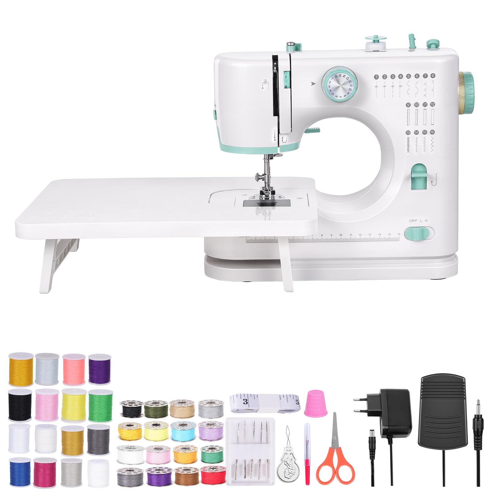 Máquina de coser para principiantes con 16 programas de puntada, máquina de coser de doble aguja de doble hilo, máquina de coser eléctrica con pedal de pie, 2 velocidades, luz LED, mesa de extensión y
