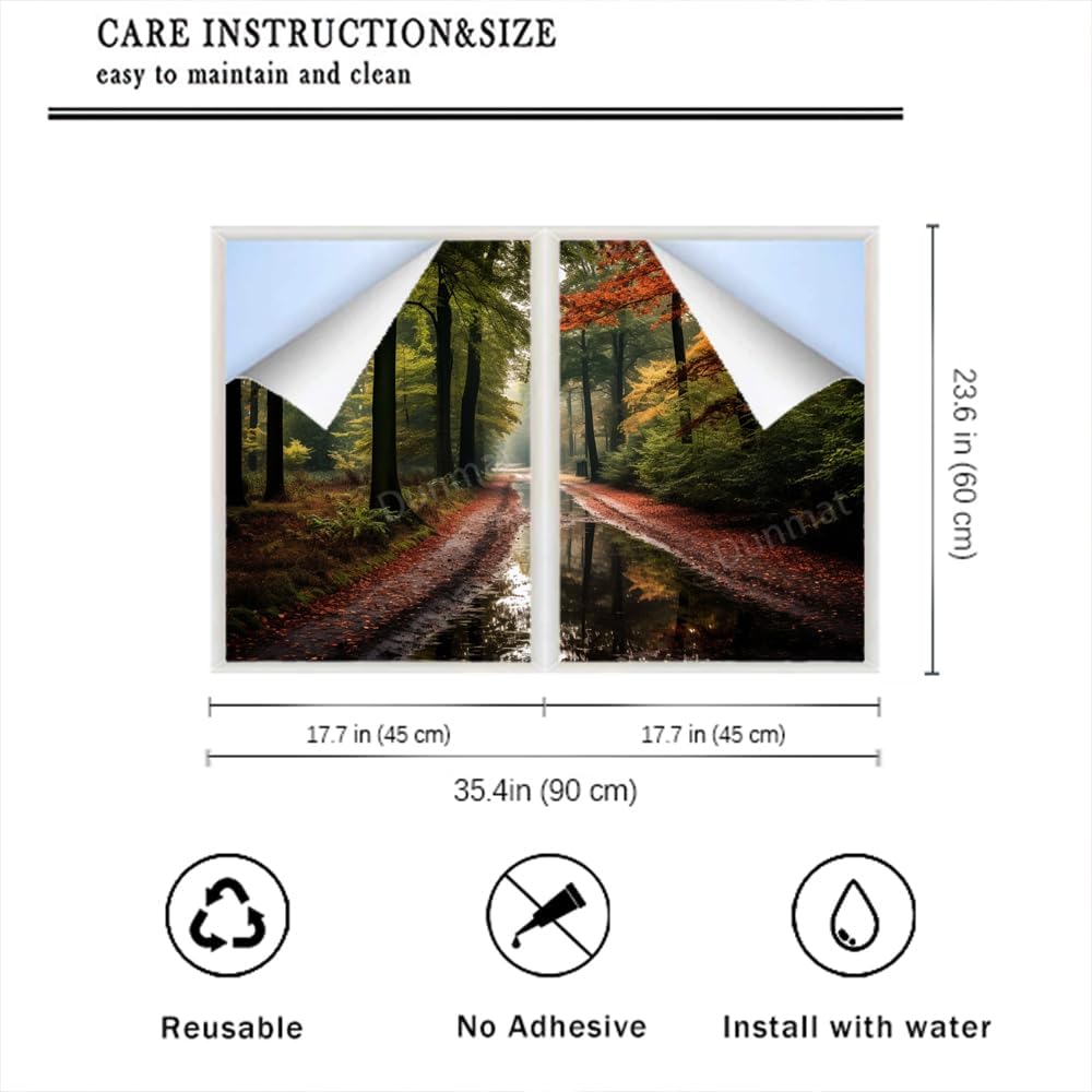 Autumn Forest Path Window Privacy Film Nature Leaves Tree Modern Stained Glass Window Coverings No Glue Static Cling Window Film for Home Office Stores 17.7Wx23.6L-inch x2 Pcs