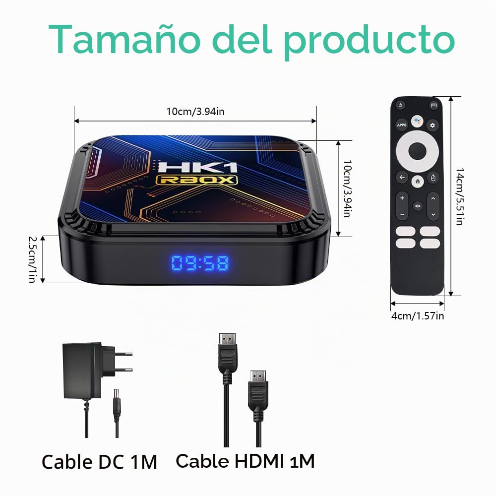 Android 13.0 TV Box 4GB RAM 64GB ROM RK3528 Quad-Core Arm Cortex A53, HD Convertor Smart TV Soporte 2.4/5.0GHz WiFi BT5.0 10/100M Ethernet 8K HDR10+ USB 2.0/3.0 con Control Remoto por Voz