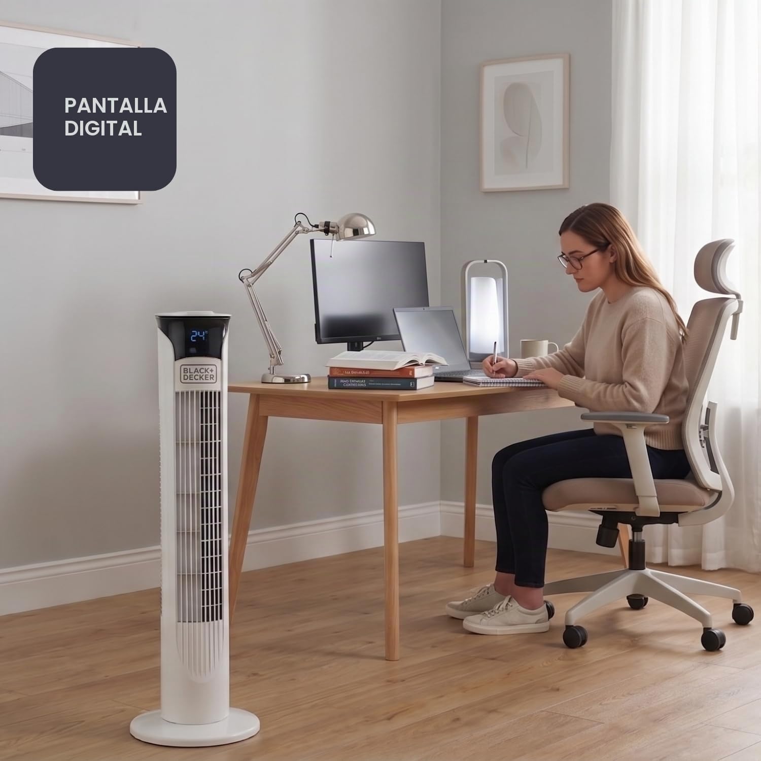 BLACK+DECKER - Ventilador de Torre Digital 81 cm | 3 Velocidades | 3 Modos | Oscilante y Silencioso | Temporizador 12h | Indicador Temperatura | Mando a Distancia | Digital | Blanco