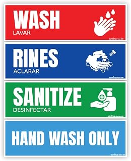 Wash Rinse Sanitize Labels + Hand Wash Only – 4 Pack, 9×2.75" | Waterproof Peel & Stick Vinyl for 3-Compartment Sinks in Restaurants, Cafes & Food Trucks