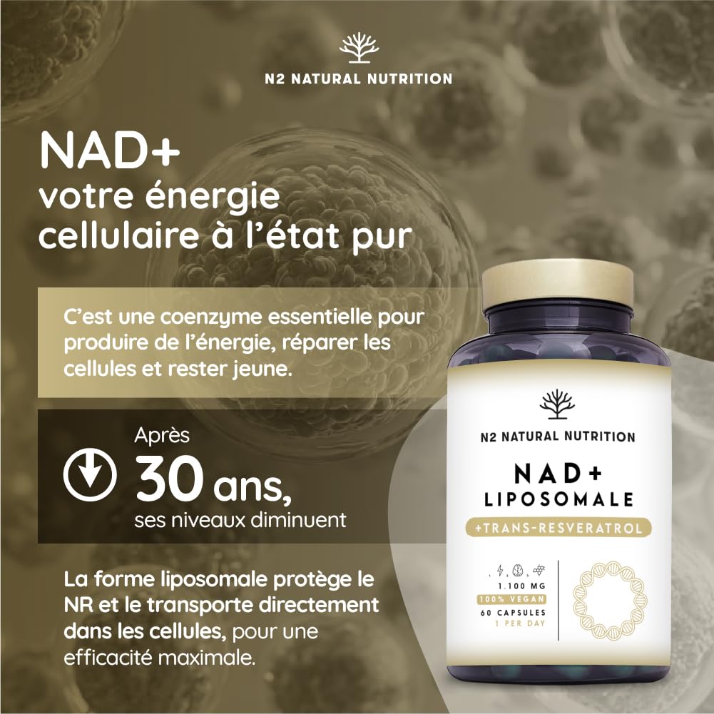 NAD+ Trans Resveratrol 1100 mg. Formule Liposomale avec Nicotinamide Riboside, Niacine et Vitamine E. Boost Métabolisme, Anti-Âge et Réparation Cellulaire. N2 Natural Nutrition