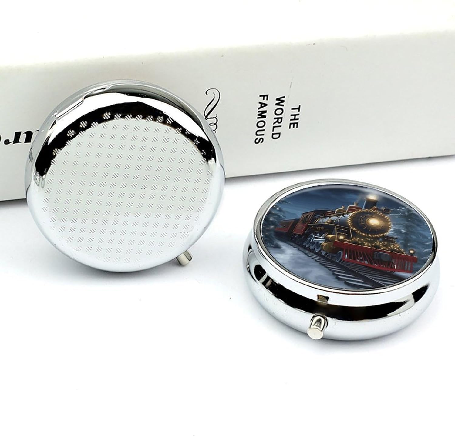 Round Daily Christmas Train Pill Case with 3 Compartment & Mirror image 5