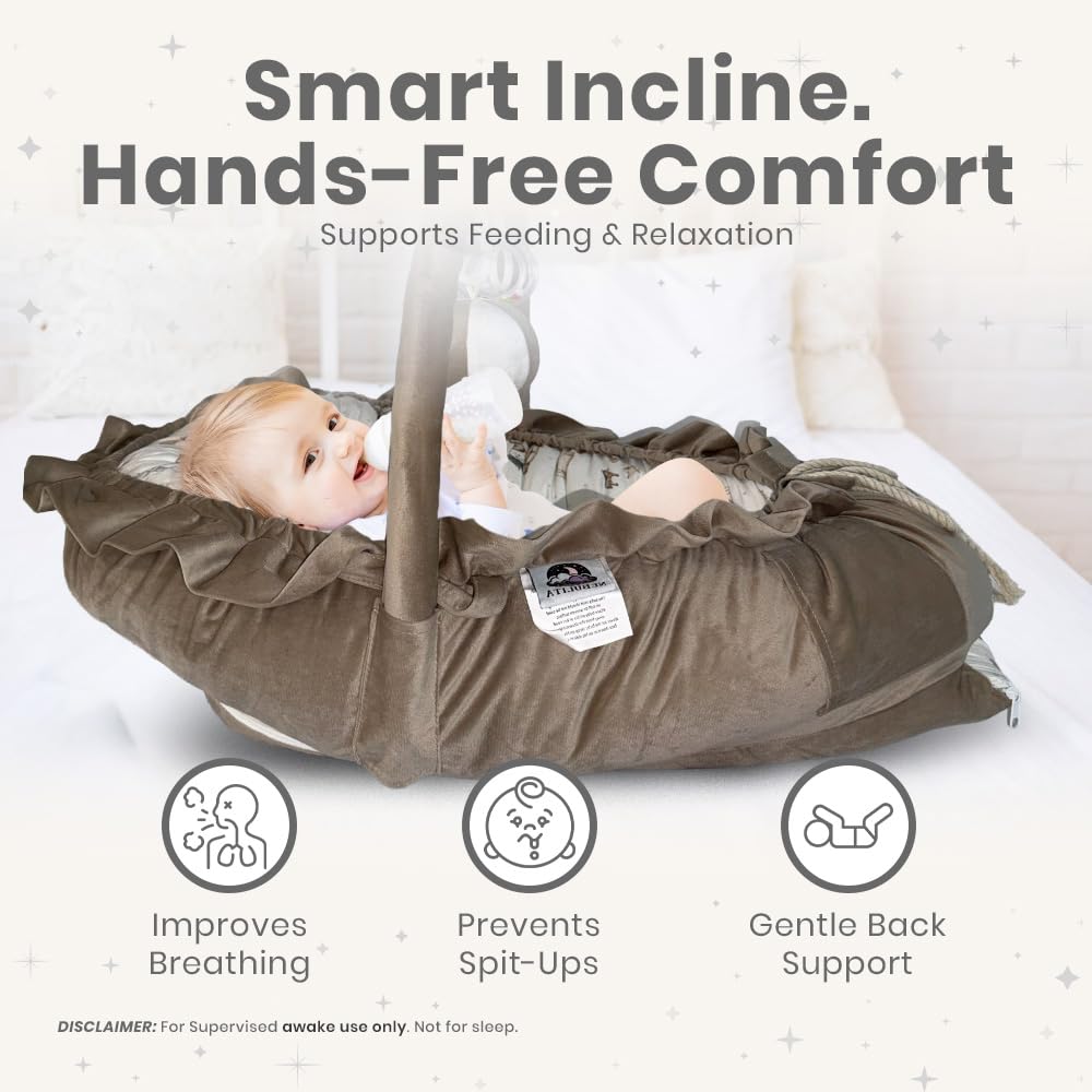 Newborn Lounger Cream - Flexible & Portable w/Infant Support Cushion, Soft & Breathable 100% Cotton - Multi-Use Supervised Baby Lounger for Floor, Travel, Changing Mat Alternative - Premium