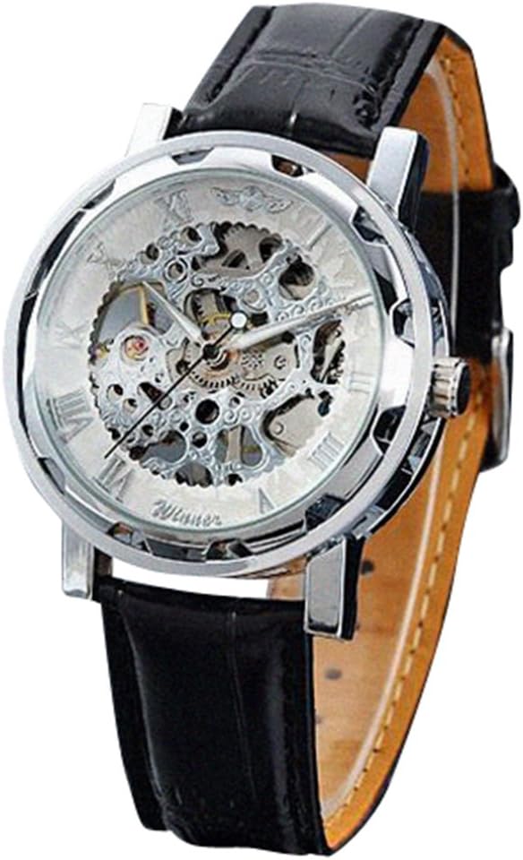 Seasonwind Luxury Silver New Mechanical Semi-automatic Commercial Dial Window Skeleton Analog Leather Men Wrist Watch
