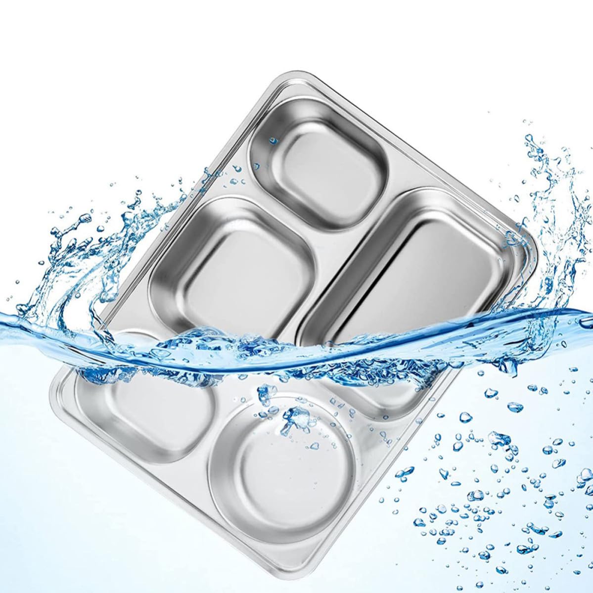Assiette à Portion en Acier Inoxydable, Lot de 3, Rectangulaire Argenté | Plateau Repas Garçon et Filles Inox, Compartiments Séparés, Stable et Réutilisable, pour Pique-Niques et Hôtel