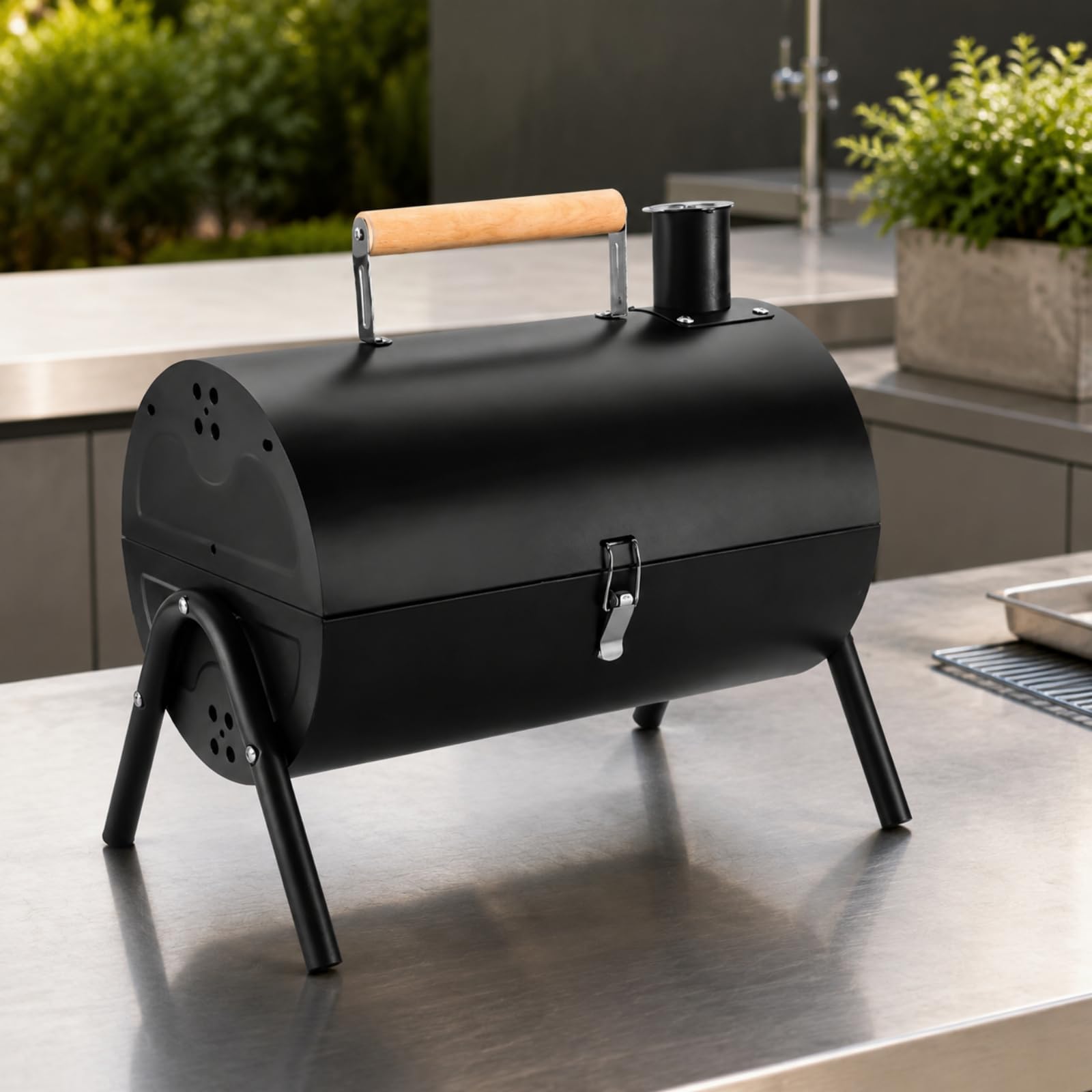 MERIGLARE Parrilla Carbón Portátil Ventilado Barbacoa con Tapa Abisagrada Seguro Parrilla con Bandeja Carbón para Patio Trasero, Reuniones Al Libre
