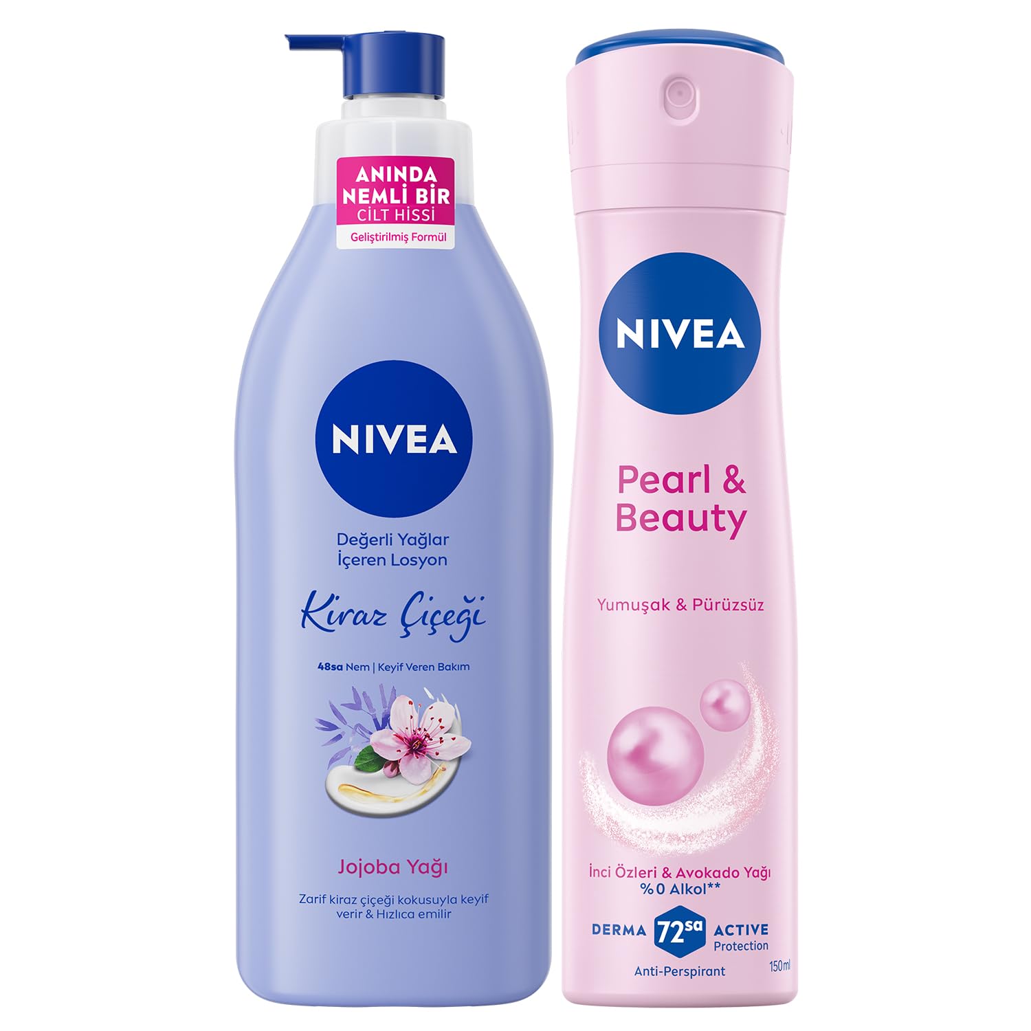 NIVEA Değerli Yağlar İçeren Vücut Losyonu Kiraz Çiçeği & Jojoba Yağı, 400 ml + NIVEA Kadın Sprey Deodorant Pearl&Beauty 150 ml