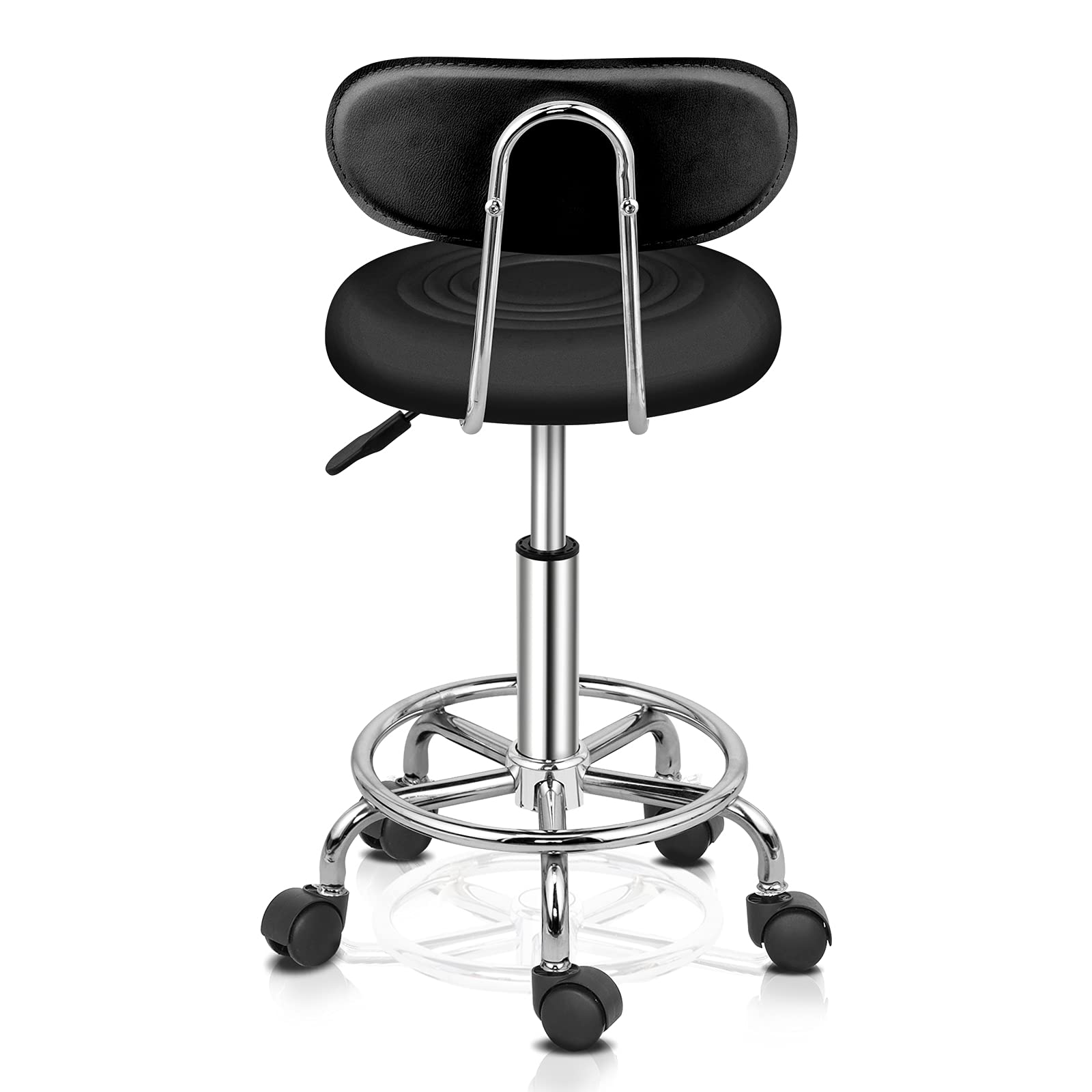 Bonnlo Rollhocker Arbeitshocker Bürohocker Höhenverstellbar mit Rückenlehne Drehhocker für Büro/Salon/Bar, Kunstleder Schwarz mit Rückenlehne