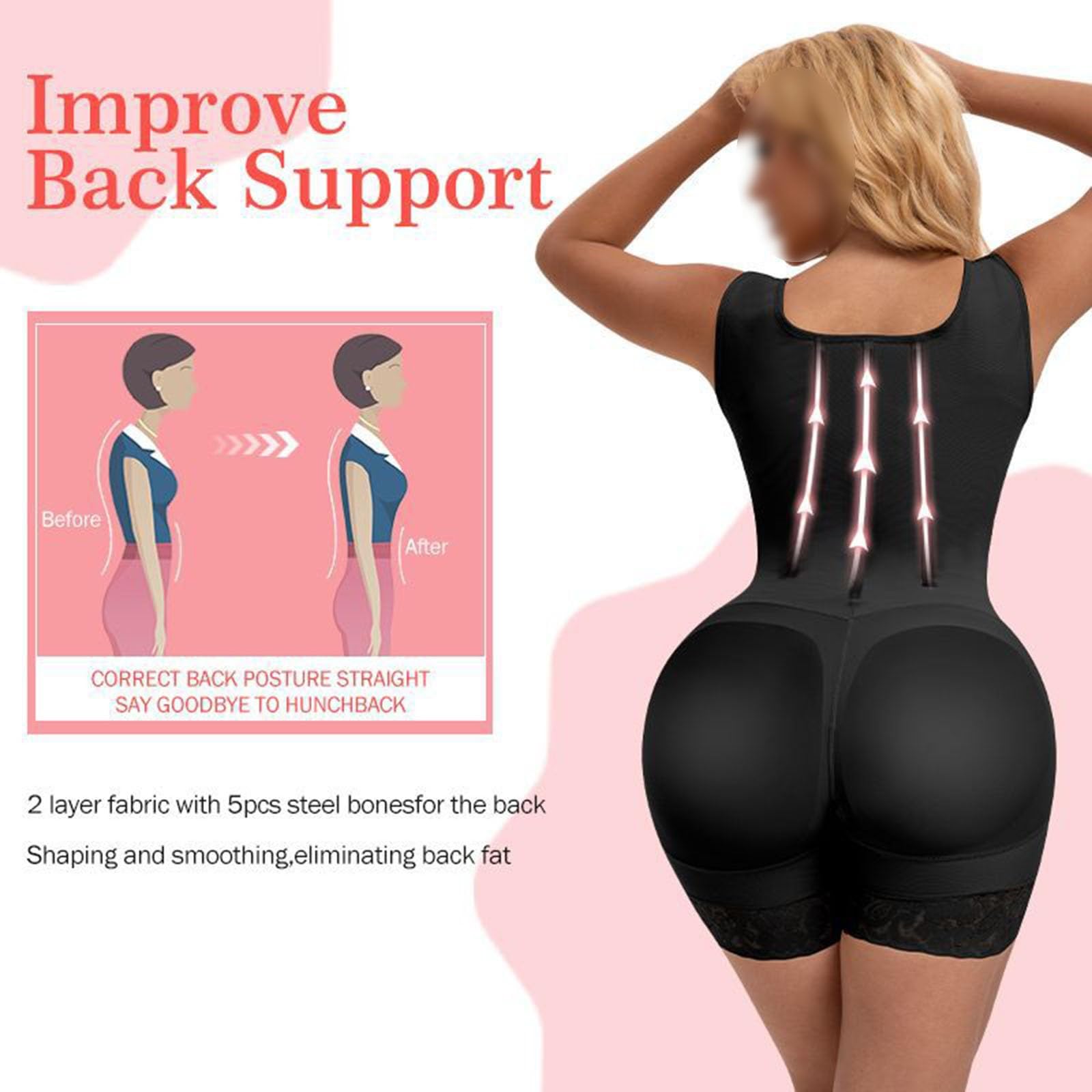 Gaine Compressive Post-opératoire BBL pour Femmes Gaine à 9 Baleines Body Post-opératoire Liposuccion, Buste Ouvert, Rehausseur de Fesses